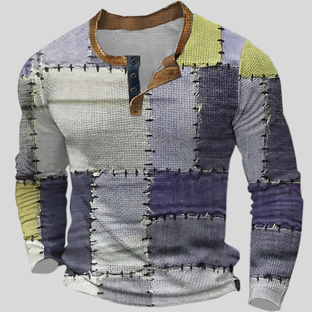 Montiqeu - Retro Patchwork Henley Shirt voor Heren