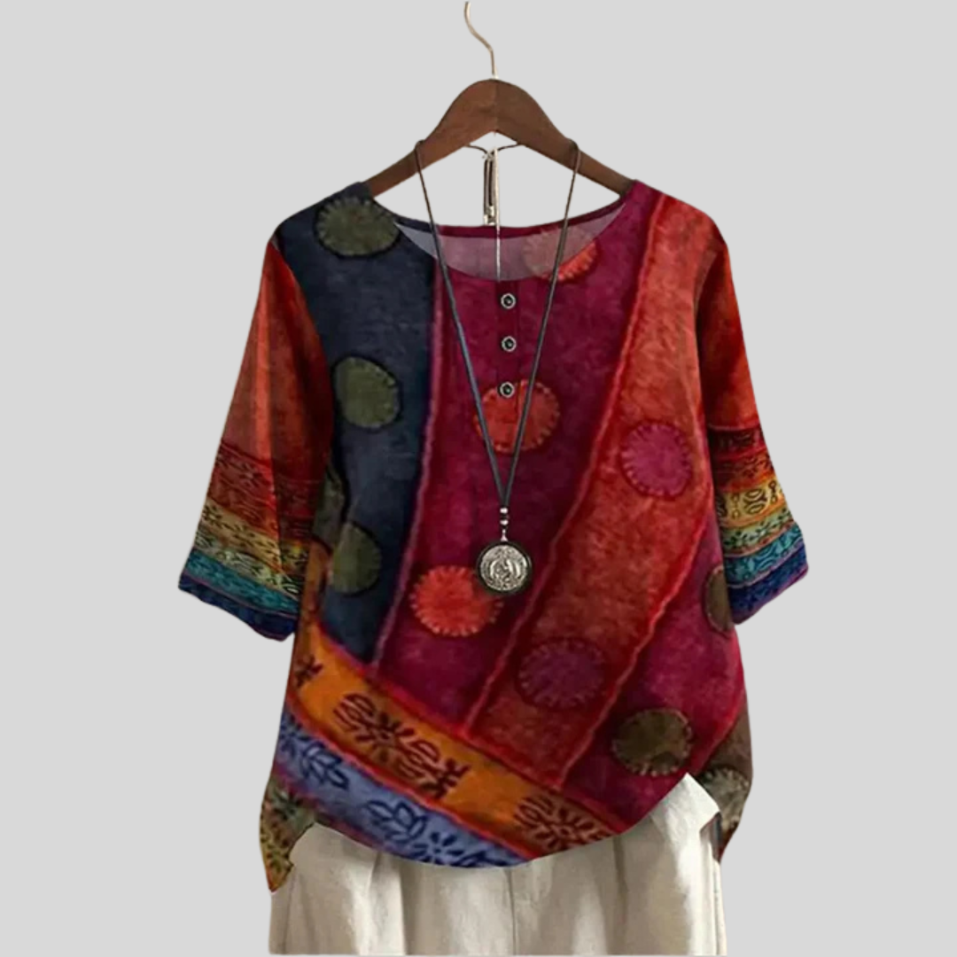 Montiqeu - Boho-Chic Dames Tuniek in Kleurrijke Patchwork Stijl