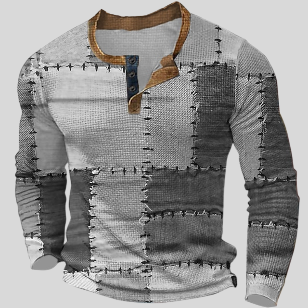 Montiqeu - Retro Patchwork Henley Shirt voor Heren