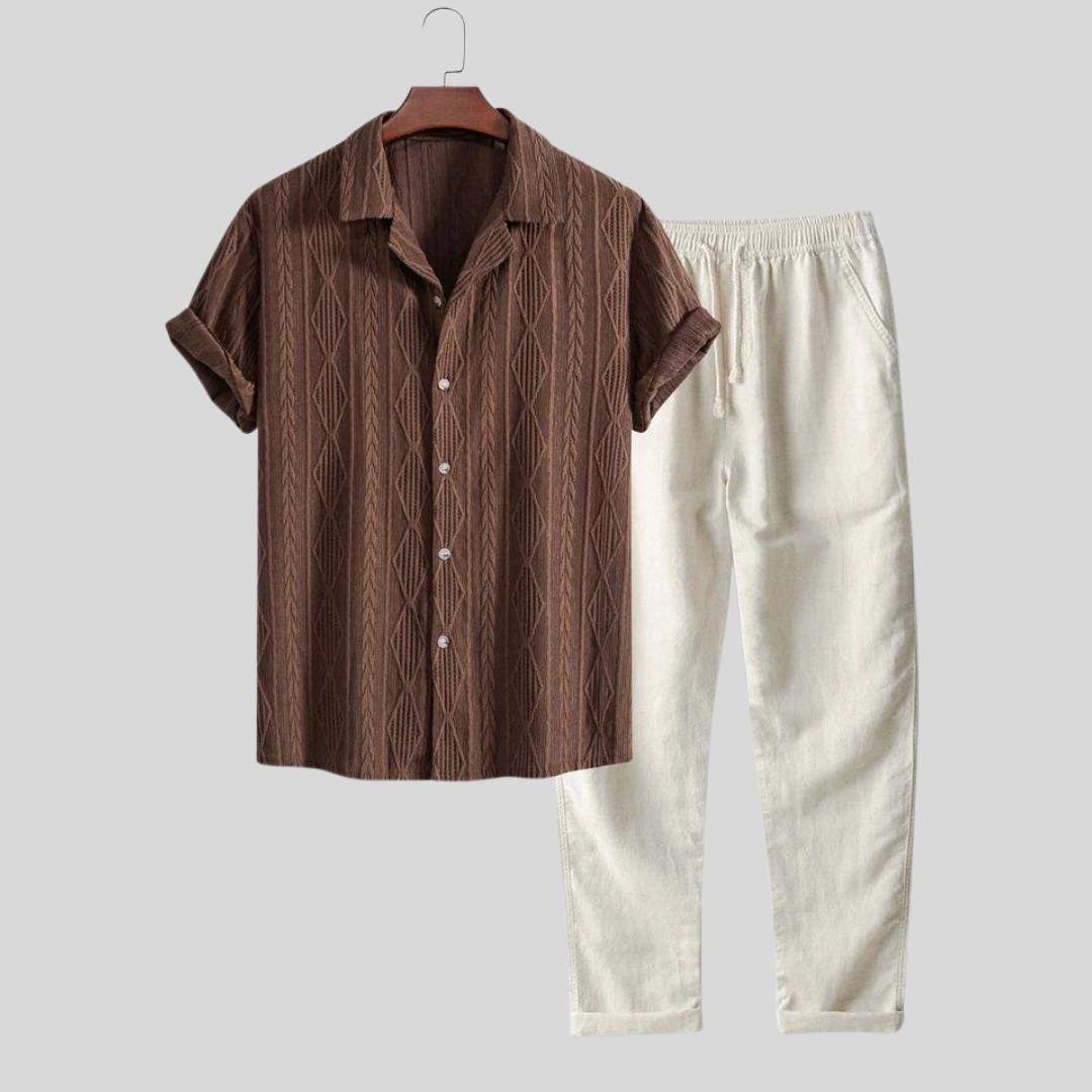 Montiqeu - Geometrisch Jacquard Cuban Shirt & Linnen Broeken Voor Heren