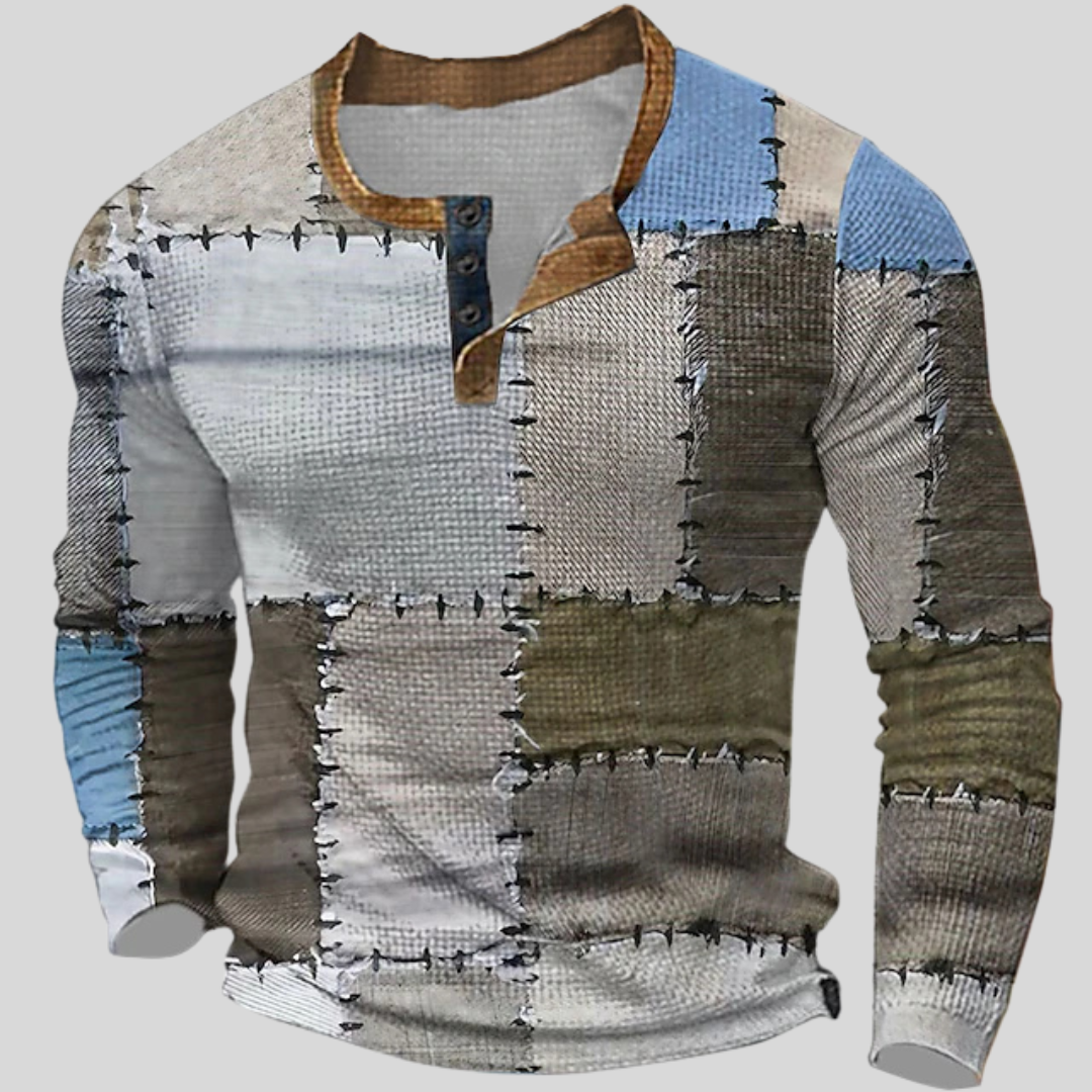 Montiqeu - Retro Patchwork Henley Shirt voor Heren