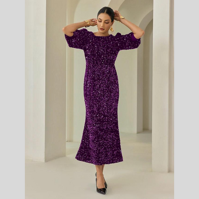 Montiqeu - Sequin Puff Sleeve Glitter Maxi Dress